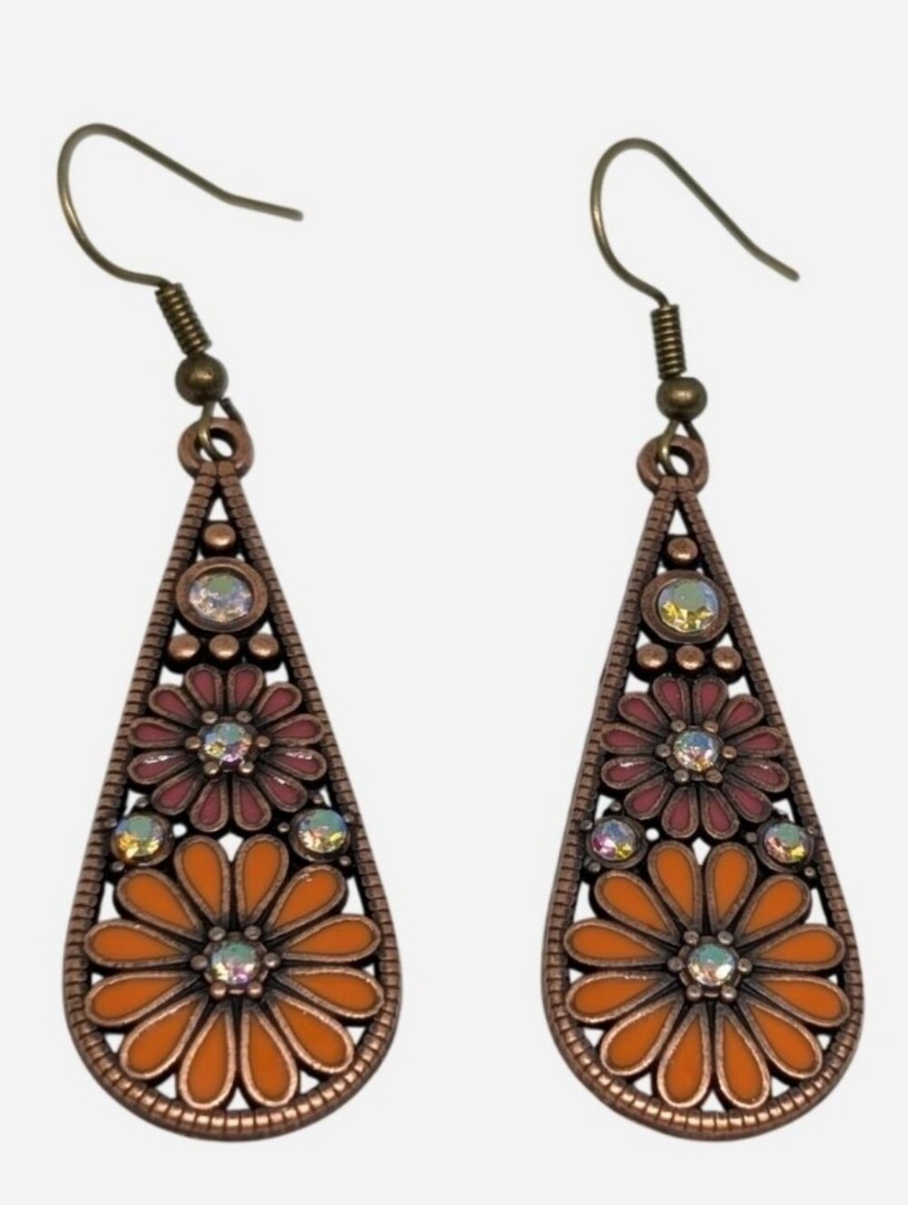 Orange And Burgundy Floral Teardrop Dangle Earrings
